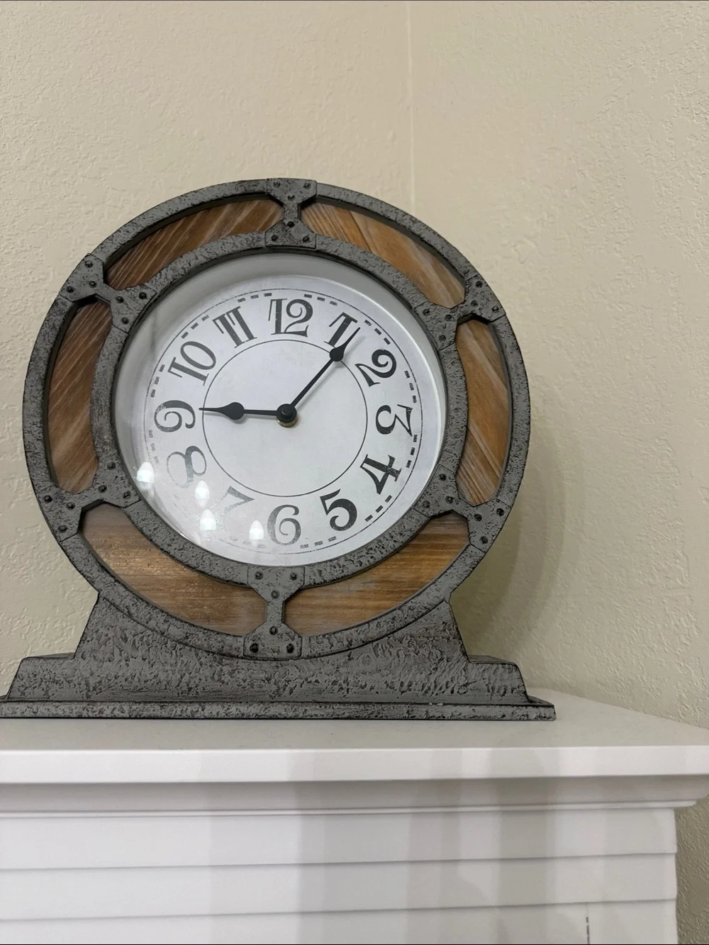 Gray and Wood Round Mantel Clock - Decorative Home Wall Decor